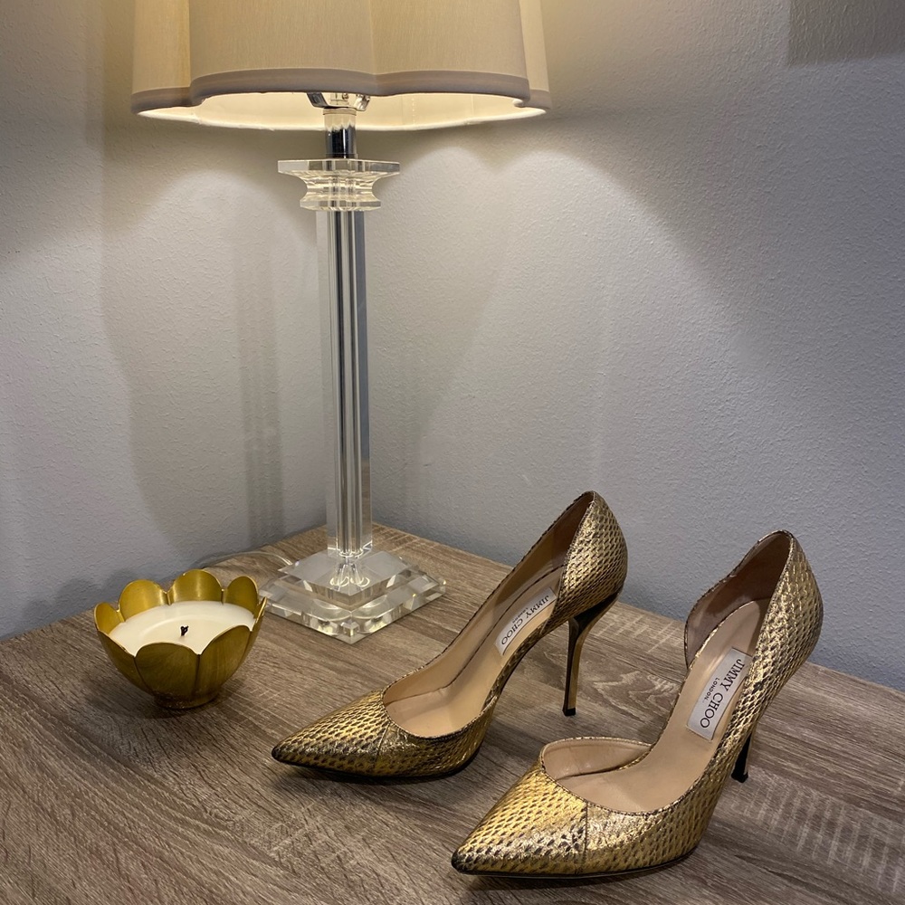 Jimmy Choo Gold Snakeskin pumps with metallic heel